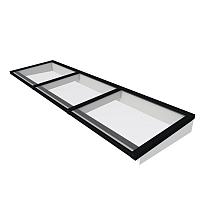 Lichtstraat maat 370x100 cm, zwart gecoat aluminium raamwerk, basis in vurenhout, wit gespoten.