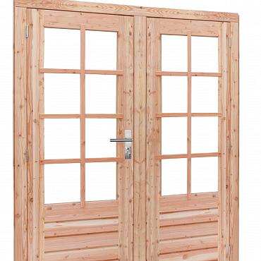 Douglas dubbele 8-ruits deur inclusief kozijn. 168x201 cm, transparant gespoten.