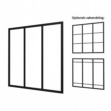 Industriële glaspui B, aluminium framewerk, zwart gecoat 228,5 cm.