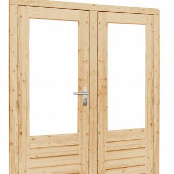 Vuren dubbele 1-ruits opdekdeur met 5-puntssluiting en dubbelglas, 168x201 cm, onbehandeld