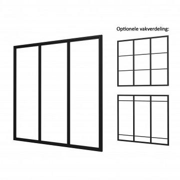Industriële glaspui B, aluminium framewerk, zwart gecoat 228,5 cm.