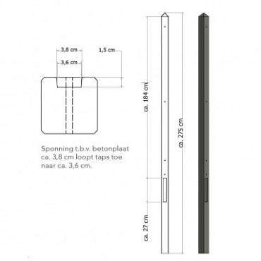 Lichtgewicht betonpaal met diamantkop ongecoat 8,5x8,5x280 cm, eindpaal, antraciet