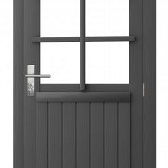 Vuren enkele 6-ruits deur inclusief kozijn, rechtsdraaiend. 90x201 cm, antraciet gespoten.