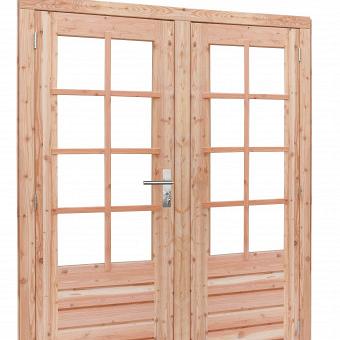 Douglas dubbele 8-ruits deur inclusief kozijn. 168x201 cm, transparant gespoten.