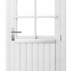 Vuren enkele 6-ruits deur inclusief kozijn, rechtsdraaiend. 90x201 cm, wit gespoten.