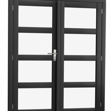 Vuren dubbele 8-ruits glasdeur inclusief kozijn. 168x201 cm, antraciet gespoten.