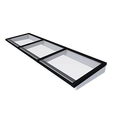 Lichtstraat maat 370x100 cm, zwart gecoat aluminium raamwerk, basis in vurenhout, lichtgrijs gespo