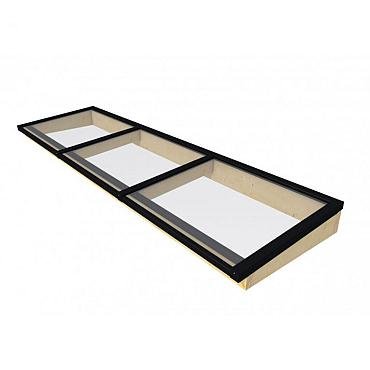 Lichtstraat maat 370x100 cm, zwart gecoat aluminium raamwerk, basis in vurenhout, kleurloos geïmpr