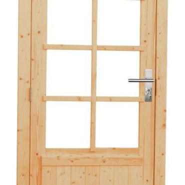 Vuren enkele 8-ruits deur inclusief kozijn, linksdraaiend. 91x201,5 cm, kleurloos geïmpregneerd.
