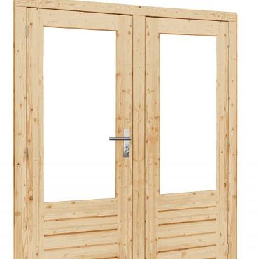 Vuren dubbele 1-ruits opdekdeur met 5-puntssluiting en dubbelglas, 168x201 cm, onbehandeld