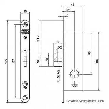 Schuifdeurslot Nemef 618-25mm met rvs haakschoot